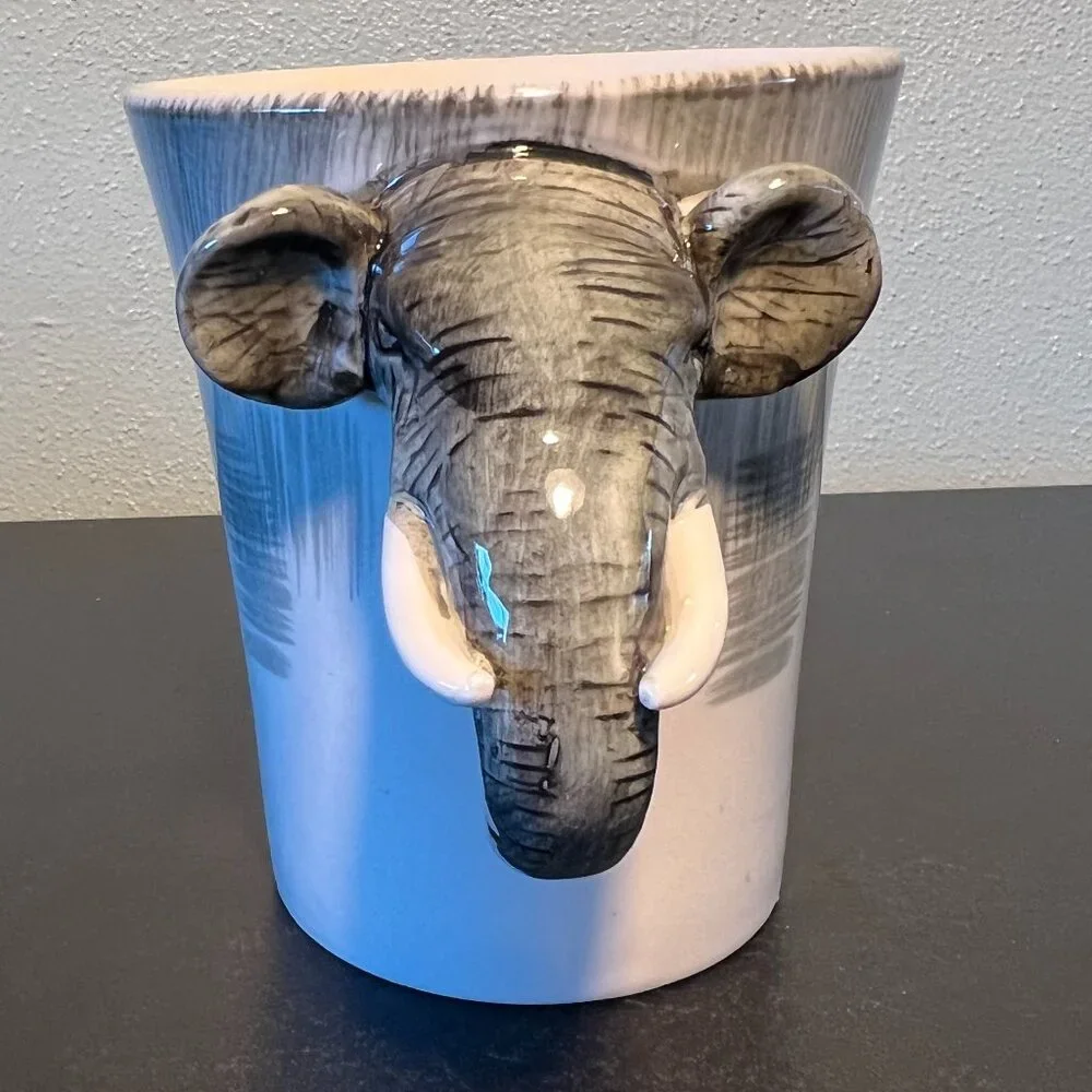 PIER 1 IMPORTS 3-D Hand Painted Stoneware Elephant Mug w/ Elephant Head Handle